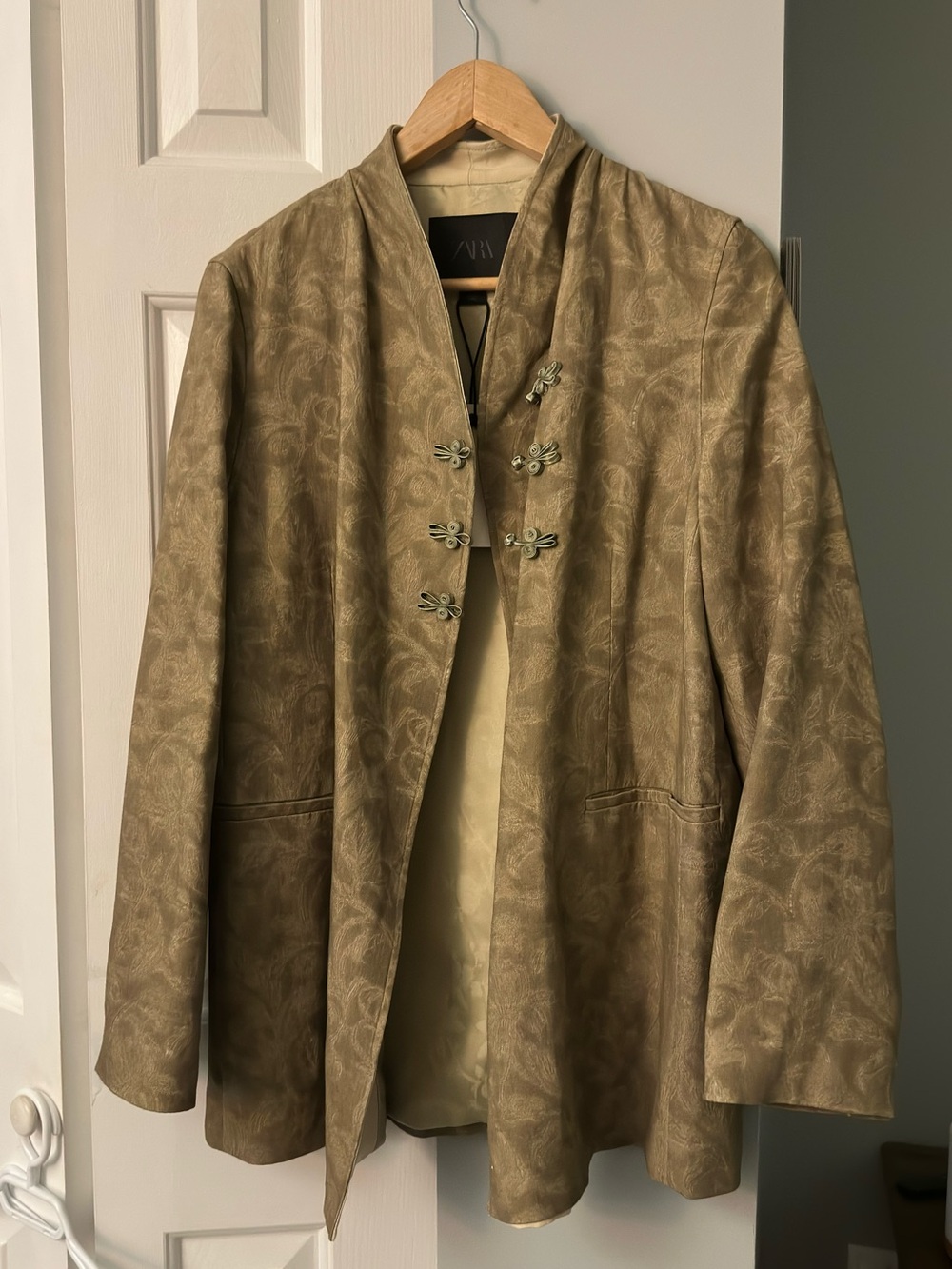 Zara Tan Brocade Trench Coat with Frog Closures
